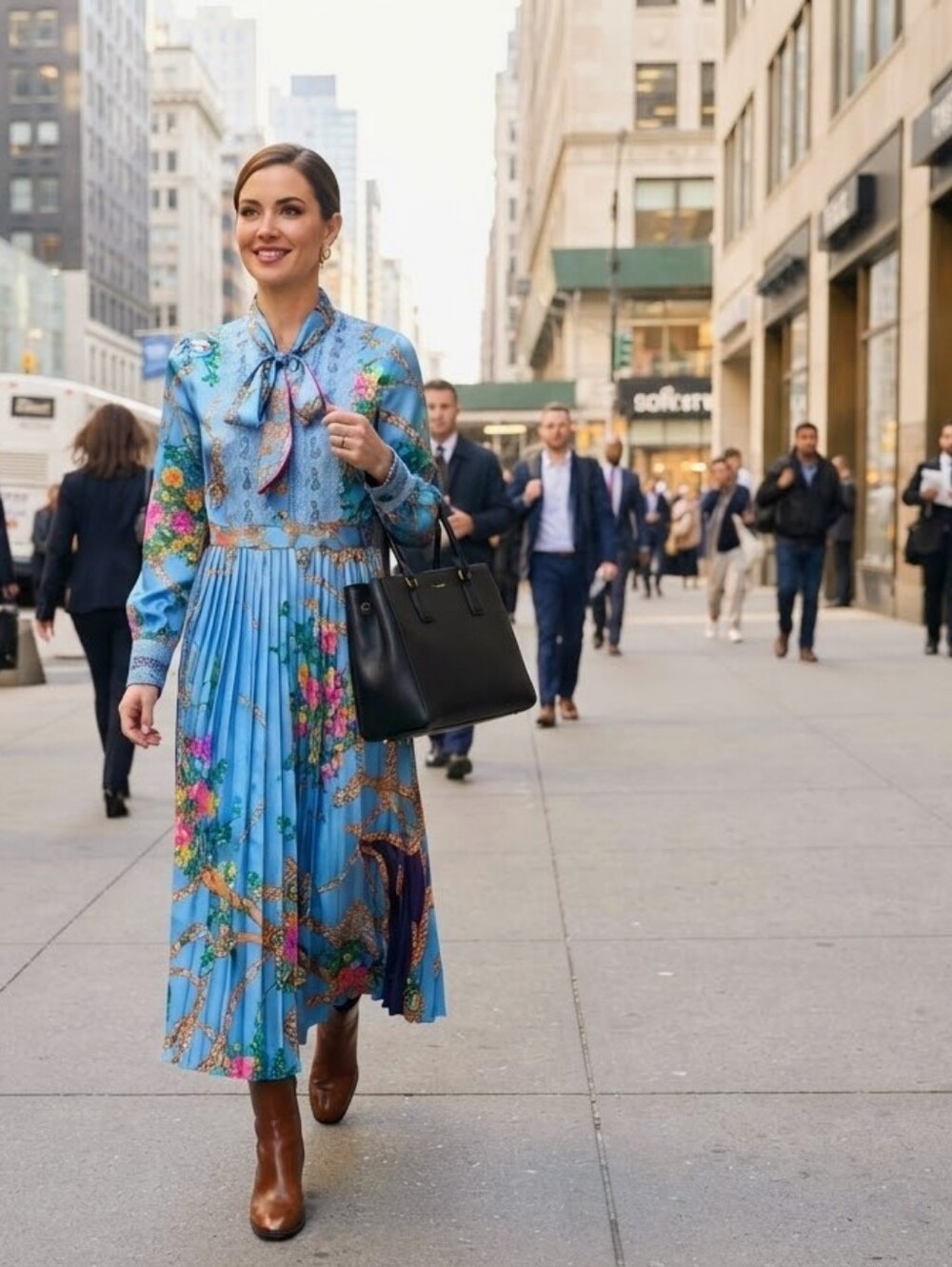 NWT Dalia MacPhee Baroque Floral Pleated Midi Dress Sz S | Maximalist Blue Gold